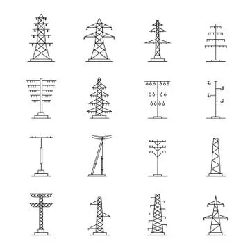 Electrical tower voltage icons set, outline style Stock Illustration