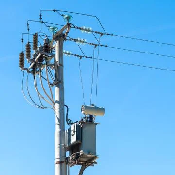 Electrical transformer to electrical pylon Stock Photos