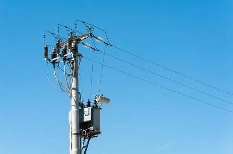 Electrical transformer to electrical pylon Stock Photos