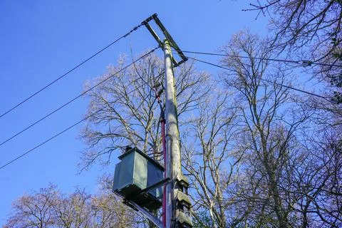 Electrical transformer mounted on a telegraph pole 写真素材