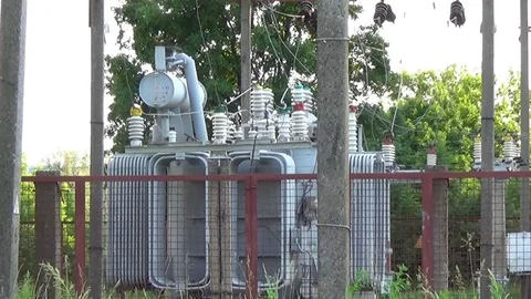 Electrical transformer substation. High voltage transmission power line. Stock Footage 111967954