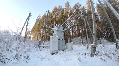 Electrical transformers in forest , 4K Stock Footage 46155644