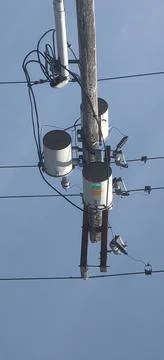 Electrical transformers on a utility pole Stock Photos