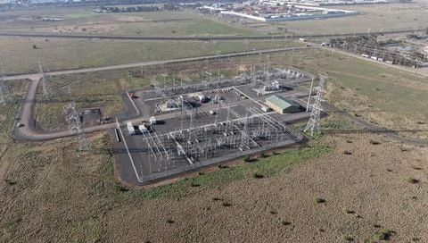 Electrical transmission substation converting high voltage power on grid Stock Photos