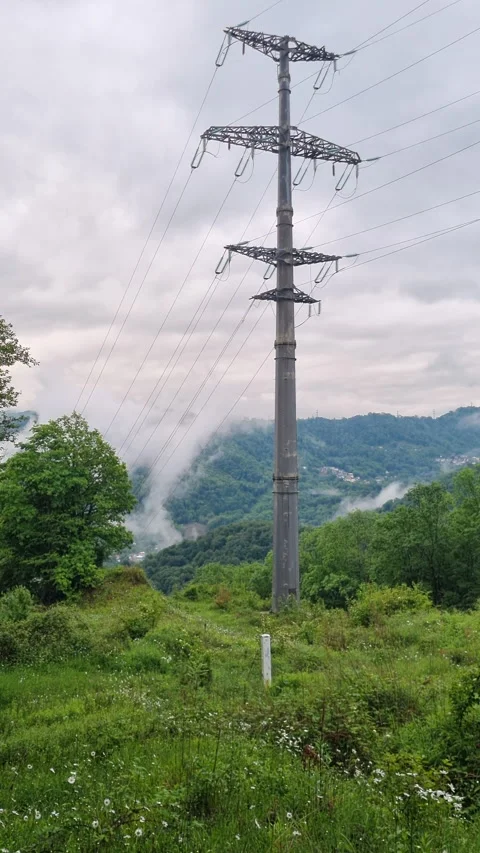 Electrical transmission tower rising through lush green meadow, distant misty Stock Footage 309288545