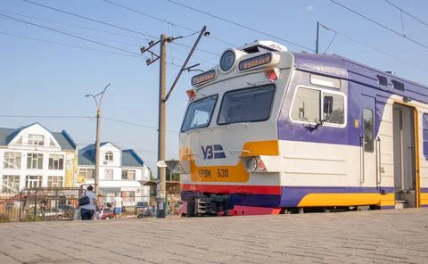Electrical unit at the station. Passenger ring train. Kiev city train. A type Fotos Stock