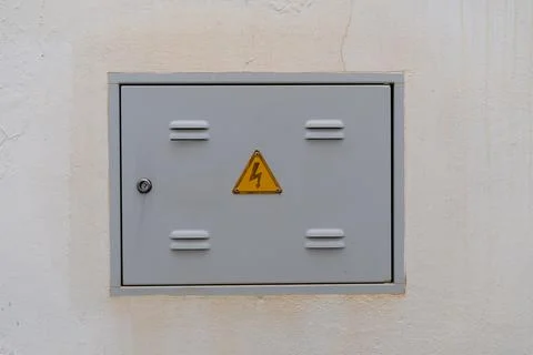 Electrical Utility Panel With High Voltage Warning Sign Stock Photos