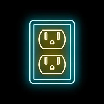 Electrical wall outlet glowing with blue neon light Illustrazione stock