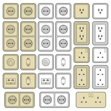 Electrical wall sockets, light switches, and internet outlets vector set Illustrazione stock
