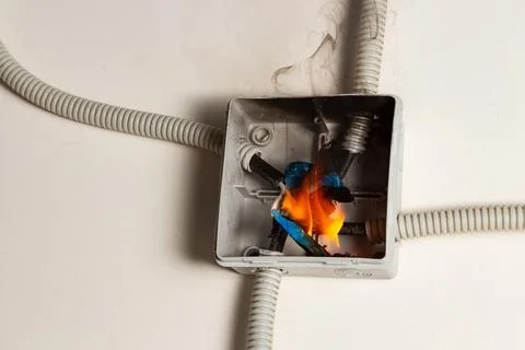 Electrical wires and braid on fire. The concept of electrical short circuit and Stock Photos