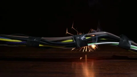 Electrical wires from computer power supply ignite Vídeos de archivo 310120708