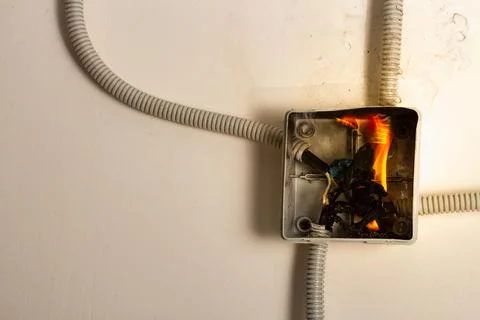 Electrical wires on fire. The concept of electrical short circuit and fire at Stock Photos