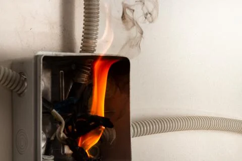 Electrical wires on fire. Electrical short circuit and fire concept Stock Photos
