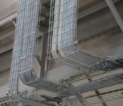 Electrical wiring and connection for computers inside a cable carrier in the  Stock Photos