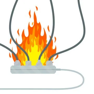 Electrical wiring. Damaged Socket with flame. The smoke from the device. Stock Illustration