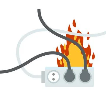 Electrical wiring. Damaged Socket with flame. The smoke from the device. Stock Illustration