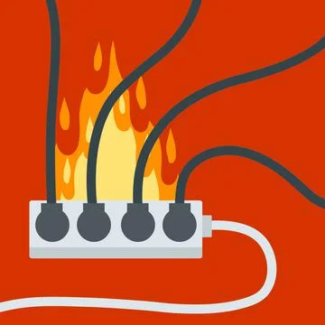 Electrical wiring. Damaged Socket with flame. Set of many Cables Stock Illustration