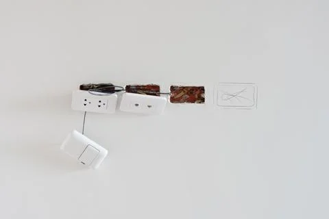 Electrical Wiring under plaster, hidden installation cables for socket to a.. Stock Photos