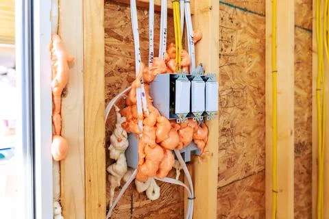 Electrical work in house with fire proof foam insulation covering wires swi.. Stock Photos