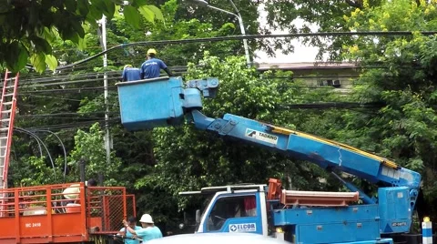 Electrical workers on telehandler with bucket Stock Footage 67820535