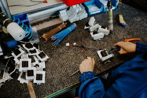 Electrician builder at work inspecting cabling connection of high voltage p.. Stock Photos