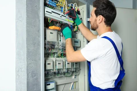Electrician checking electric current with multimeter indoors Stock Photos