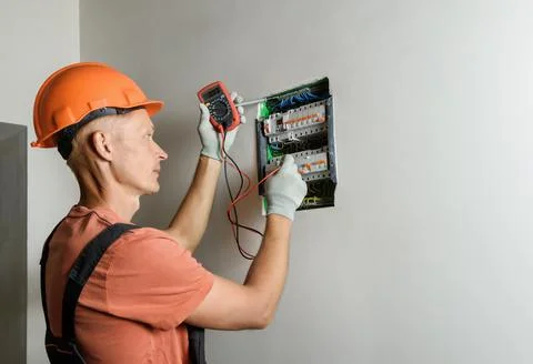 Electrician is checking with a multimeter the correctness of the connection o Stock Photos
