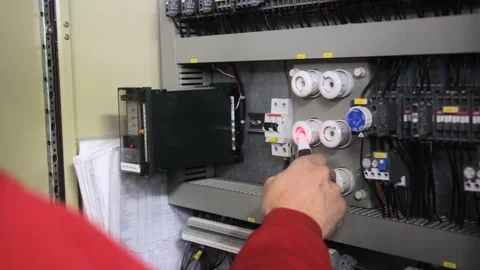 Electrician checking the plugs in a fuse box using a red light pointer Stock Footage 138920694