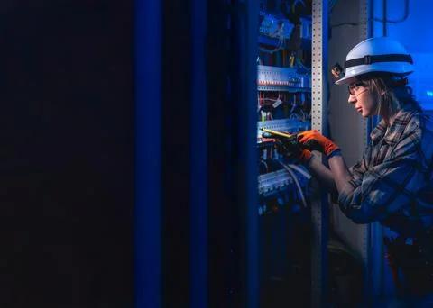 Electrician checking switchboard with voltage tester in server room. Energy.. 스톡 사진