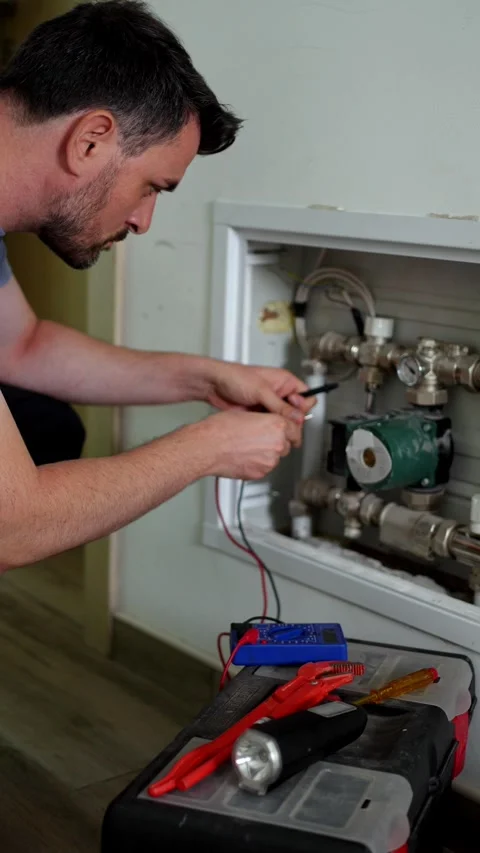 Electrician checking voltage on heating system pump Stockbeeldmateriaal 316483347