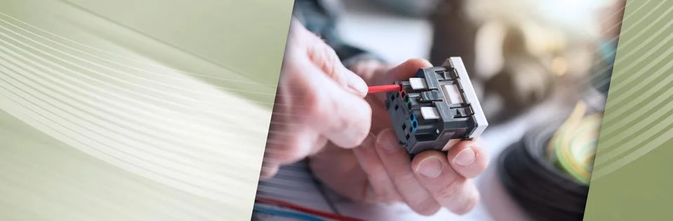 Electrician connecting a wire into a power socket, light effect. panoramic ba Stock Photos