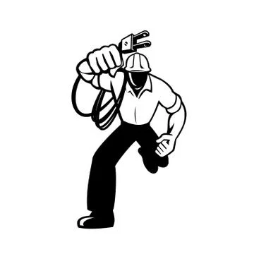 Electrician Construction Worker Power Lineman Holding Electric Plug with Cord Stock Illustration
