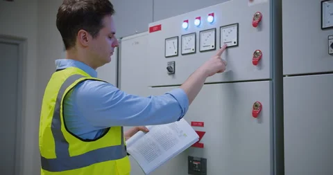 Electrician electrical engineer in protective uniform checking voltage control p Video stock 259162598