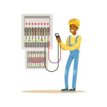 Electrician engineer measuring the voltage output in fuse box, electric man Stock Illustration