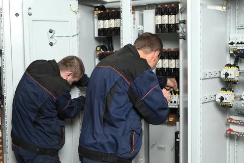 Electrician engineer work tester measuring voltage and current of power elect Stock Photos