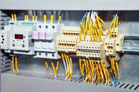 Electrician engineer work tester measuring voltage and current of power elect Stock Photos