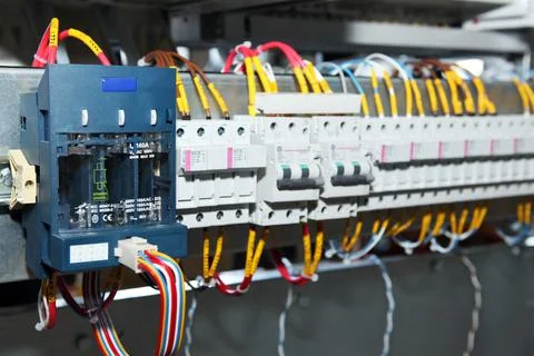 Electrician engineer work tester measuring voltage and current of power elect Stock Photos