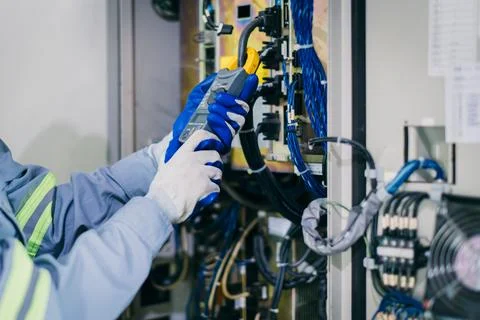 Electrician engineer worker testing electric cable at main power line cabin.. Fotos de archivo