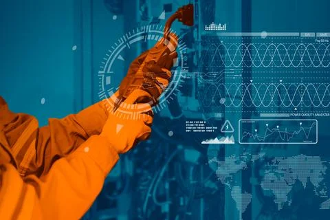 Electrician engineer worker testing electric cable at main power line cabin.. Stock Photos