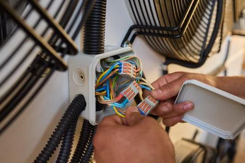 Electrician fixing complex wiring in junction boxes, showing expertise in e.. Stock Photos