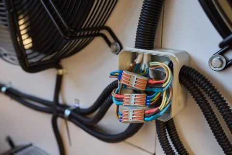Electrician fixing complex wiring in junction boxes, showing expertise in e.. Stock Photos