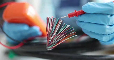 Electrician in gloves as tester tests multi-colored electric wires Stock Footage 170714026