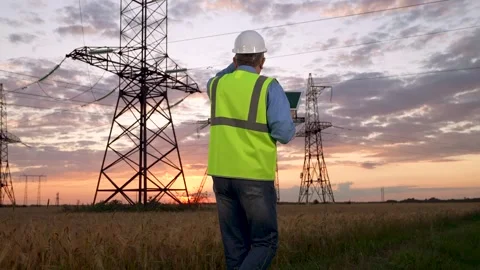 Electrician in helmet checks data on tablet walking to power transmission lines Stock Footage 252647493