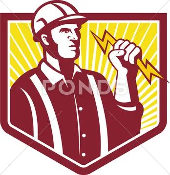 Electrician holding lightning bolt retro Stock Illustration