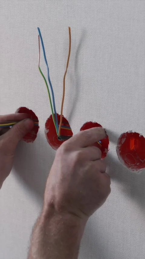 Electrician inserting electrical copper wire into plastic wall socket box Video stock 345039296