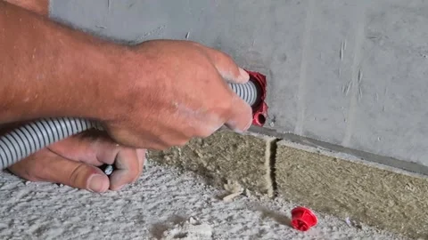 Electrician inserting flexible conduit into electrical wall box slow motion Stock Footage 341510062