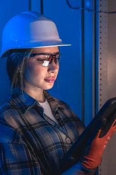 Electrician inspecting electrical switchboard using tablet device. Technica.. 写真素材