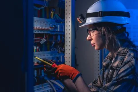 Electrician inspecting electrical system with voltage tester. Engineering i.. Stockfoto's