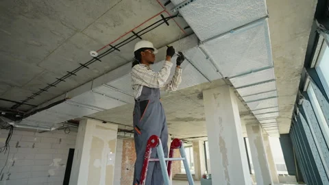 Electrician installing cable tray and wiring in building under construction Stock Footage 312837320