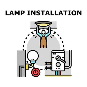 Electrician installing ceiling lamp wiring household service Stock Illustration